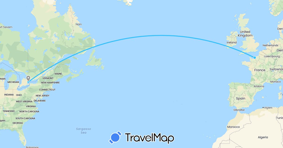 TravelMap itinerary: driving, plane, boat in Canada, France (Europe, North America)